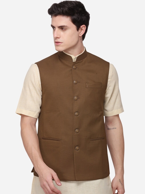 

JADE BLUE Men Brown Woven Design Nehru Jacket