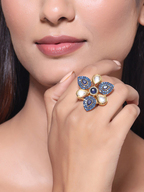 

Tistabene Gold-Plated Blue & White Stone & Kundan-Studded Handcrafted Finger Ring