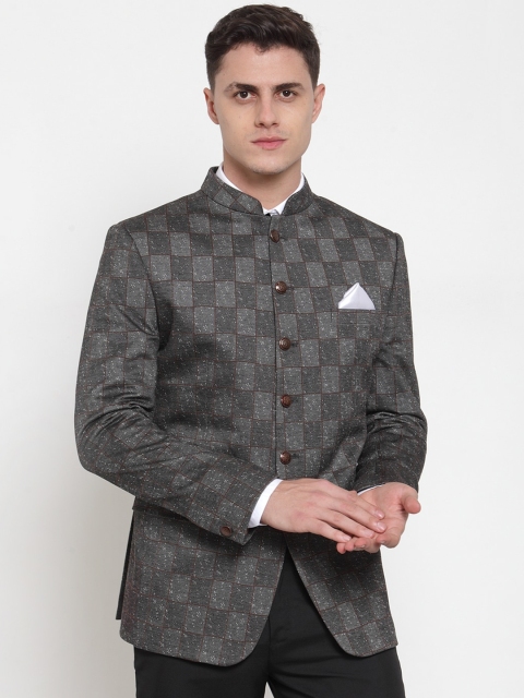 

MAXENCE Men Grey Checked Slim-Fit Bandhgala Formal Designer Blazer
