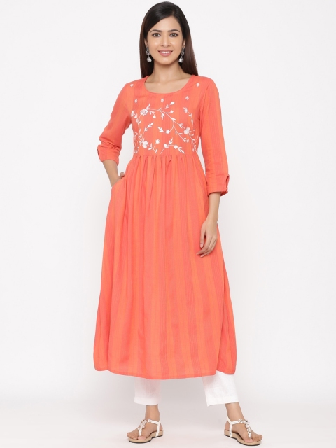 

Jaipur Kurti Women Coral Pink & White Embroidered Kurta with Trousers