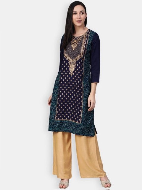

Jompers Women Navy Blue & Gold-Coloured Floral Embroidered Straight Kurta