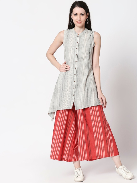 

TERQUOIS Women Cream-Coloured & Red Striped Top & Palazzos with Jacket