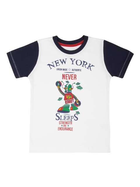 

Cherokee Boys White & Navy Blue Printed Round Neck T-shirt