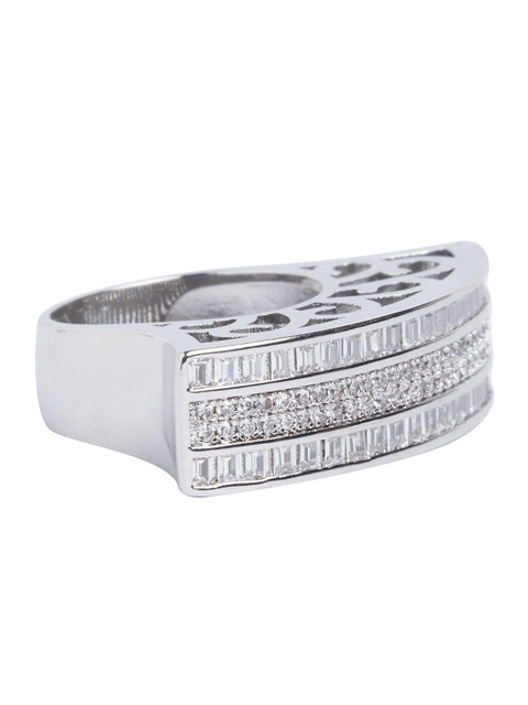 

shaze Rhodium-Plated Silver-Toned & White CZ-Studded Finger Ring
