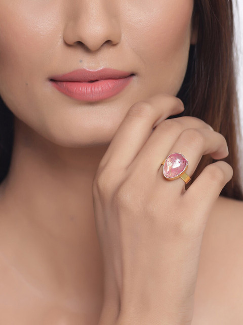 

Tistabene Gold-Plated & Pink AD-Studded Cocktail Adjustable Finger Ring