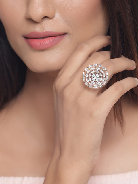 

Tistabene Gold-Plated White AD-Studded Disc Stylish Cocktail Adjustable Finger Ring