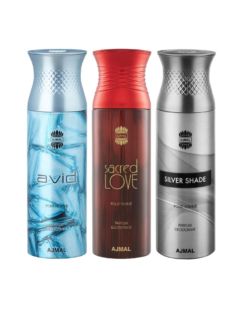 

Ajmal Unisex Pack of 3 Avid & Sacred Love & SilverShade Deodorant Spray - 200 ml each, Multi