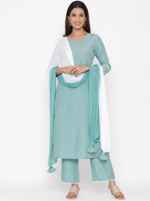

Jaipur Kurti Women Sea Green & White Yoke Design Kurta with Palazzos & Dupatta