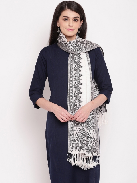 

HK colours of fashion Women White & Black Woven Design Stole with Tasselled Border