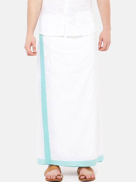 

RAMRAJ COTTON Men White Solid Panchami Spl Dhoti With Sea Green Border