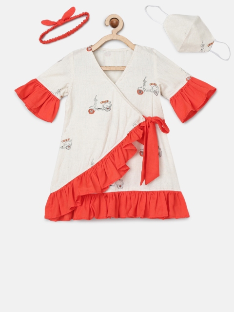 

Tutus By Tutu Girls Off-White Printed Wrap Dress With Matching Mask & Hairband