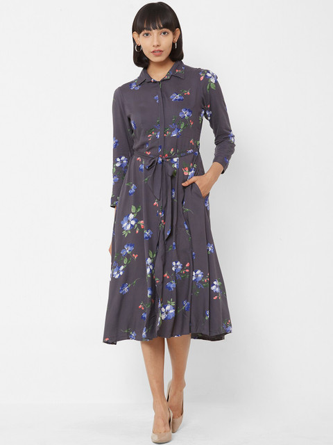 

Vedic Women Grey & Blue Floral Printed Shirt Dress