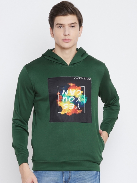 

armure Men Green & Black Printed Hooded Pullover Sweatshirt