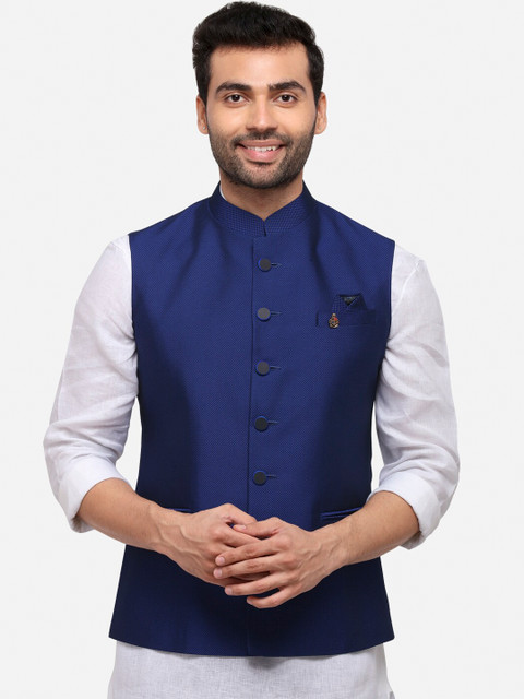 

Greenfibre Men Blue Self-Design Nehru Jacket