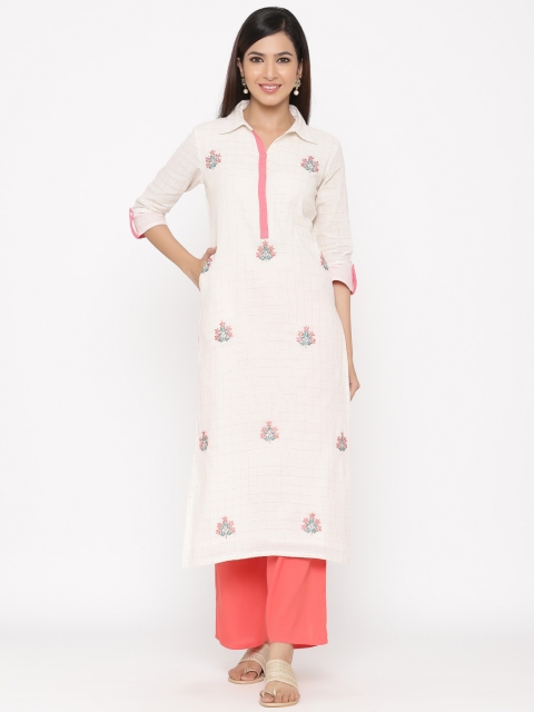 

Jaipur Kurti Women Off-White & Pink Embroidered Kurta with Palazzos
