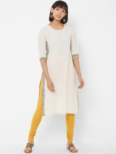 

Vedic Women Off-White & Mustard Yellow Floral Printed Straight Kurta