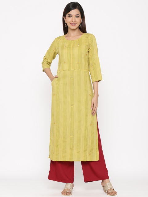 

Jaipur Kurti Women Lime Green Woven Design Straight Kurta