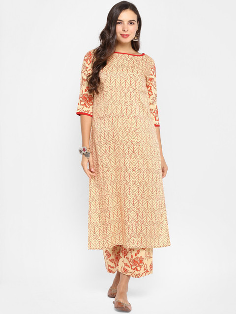 

Aprique FAB Women Beige & Orange Floral Printed A-Line Kurta