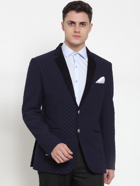 

MAXENCE Men Navy Blue Self-Design Slim-Fit Single-Breasted Formal Blazer