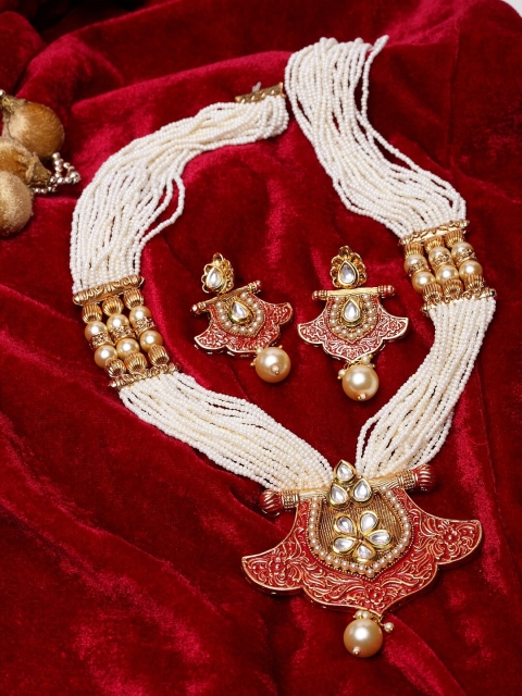 

PANASH Gold-Plated White & Red Kundan & Pearl Embellished Handcrafted Jewellery Set