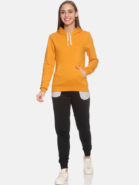 

Campus Sutra Women Mustard Yellow & Black Solid Casual Hooded Tracksuit