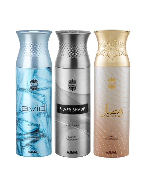 

Ajmal Unisex Set Of Avid, Silver Shade & Wisal Dhahab Deodorant Sprays - 200 ml each, Na