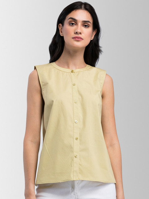 

FableStreet Women Yellow Solid Pure Cotton Top