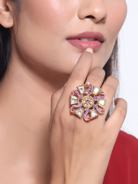 

Tistabene Gold-Plated Pink & White Kundan & AD-Studded Handcrafted Finger Ring