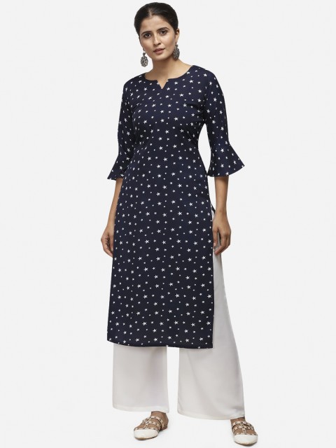 

Silk Bazar Women Navy Blue & White Printed Straight Kurta