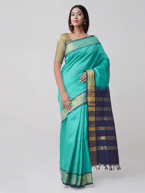 

Unnati Silks Sea Green & Navy Blue Silk Cotton Woven Design Handloom Uppada Saree