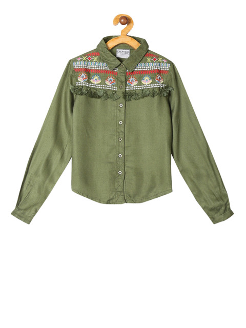 

Cherokee Girls Green & White Regular Fit Floral Embroidered Casual Shirt