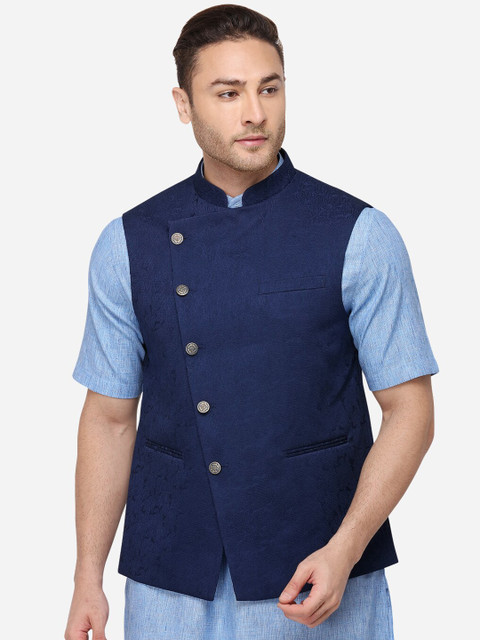 

JB STUDIO Men Blue Woven Design Corduroy Nehru Jacket