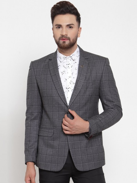 

MAXENCE Men Grey Checked Slim-Fit Single-Breasted Formal Blazer