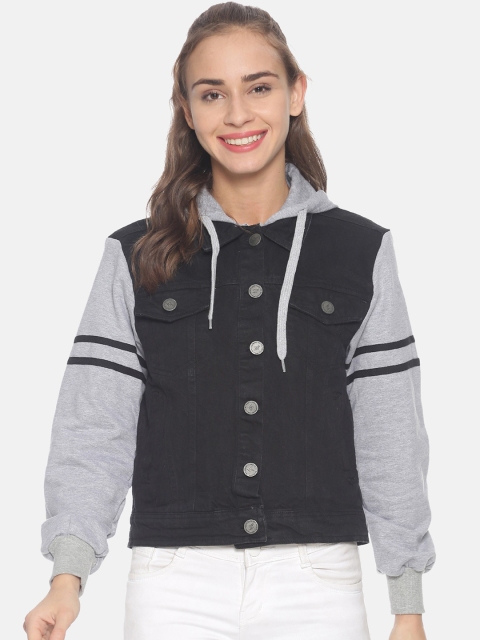 

Campus Sutra Women Black Colourblocked Windcheater Denim Jacket
