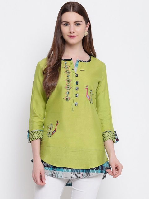 

Kvsfab Women Green & Blue Embroidered A-Line Kurti