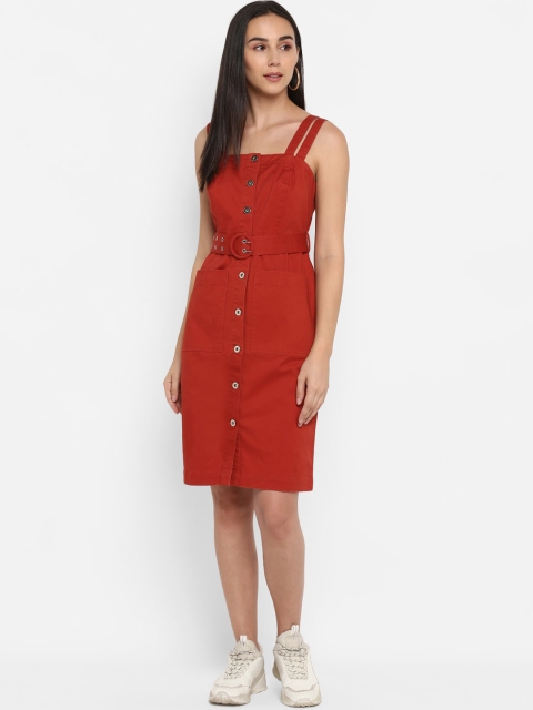 

FOSH Women Red Solid Denim Pinafore Dress
