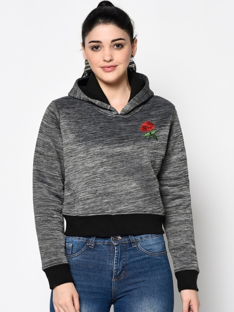 

ELEGANCE Women Grey Solid Crop Hooded Sweatshirt