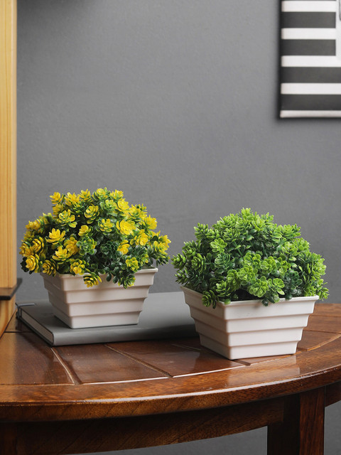 

FOLIYAJ Set Of 2 Green Artificial Flower Bushes With White Pots
