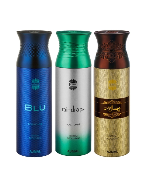 

Ajmal Unisex Pack of 3 Blu & Raindrops & Wisal Dahab Deodorant - 200 ml each, Multi