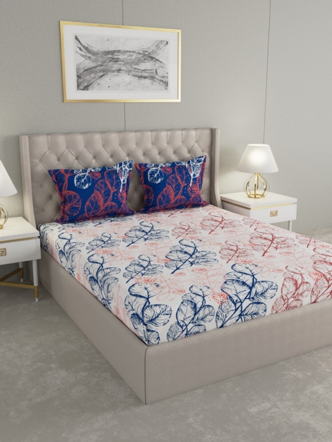 

Raymond Home White & Blue Floral 144 TC Cotton 1 King Bedsheet with 2 Pillow Covers