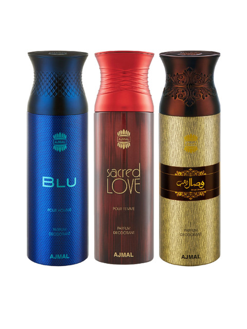 

Ajmal Unisex Set of 3 Deodorant - Blu - Sacred Love - Wisal Dhahab, Multi