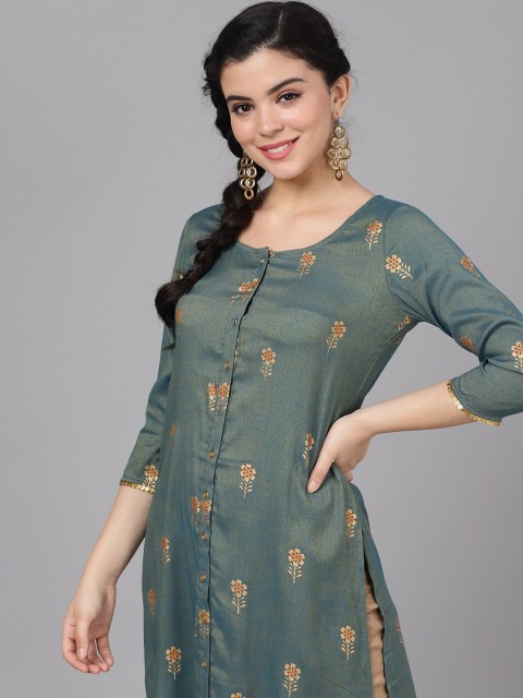 

AKS Women Green & Gold-Toned Printed A-Line Kurta
