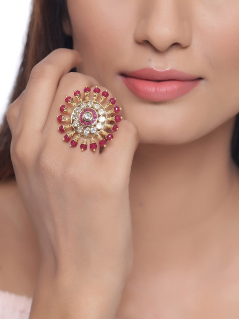 

Tistabene Gold-Plated Red & White AD-Studded Handcrafted Cocktail Finger Ring