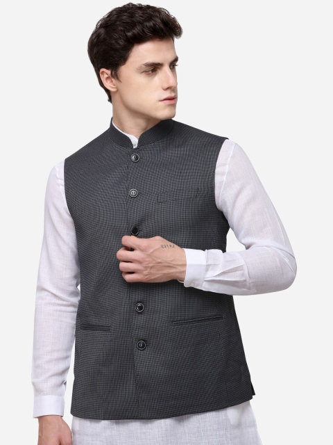 JADE BLUE Men Grey Woven Design Nehru Jacket