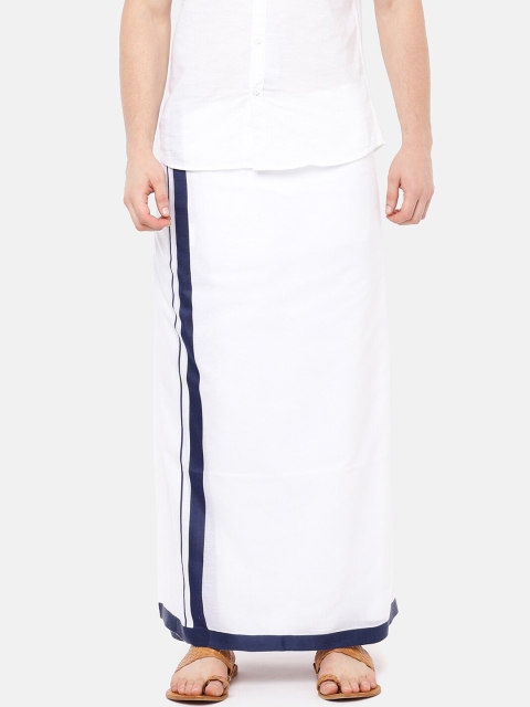 

RAMRAJ COTTON Men White Solid Dhoti With Navy Blue Border