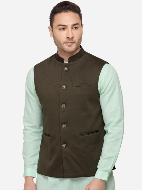 

JB STUDIO Men Olive Green Solid Corduroy Nehru Jacket