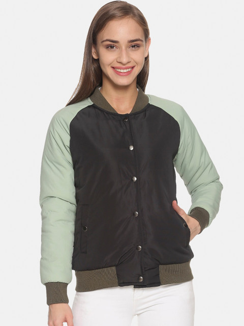 

Campus Sutra Women Black Colourblocked Windcheater Bomber