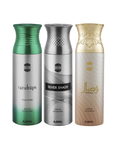 

Ajmal Unisex Pack of 3 Raindrops Silver Shade & Wisal Deodorants 200ML each, Na