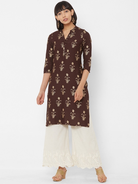 

Vedic Women Brown & Gold-Coloured Floral Foil Printed Straight Kurta