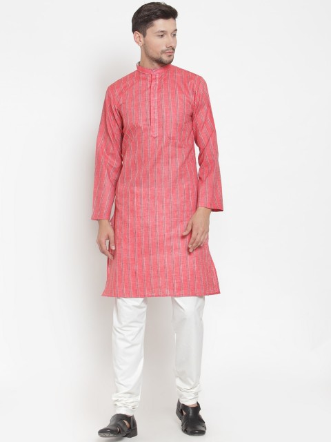 

KLOTTHE Men Red & White Striped Kurta with Pyjamas